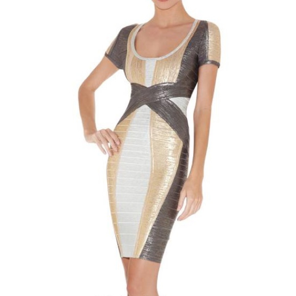 HERVE LEGER Carolyn Multi Foil Metallic Mini Dress